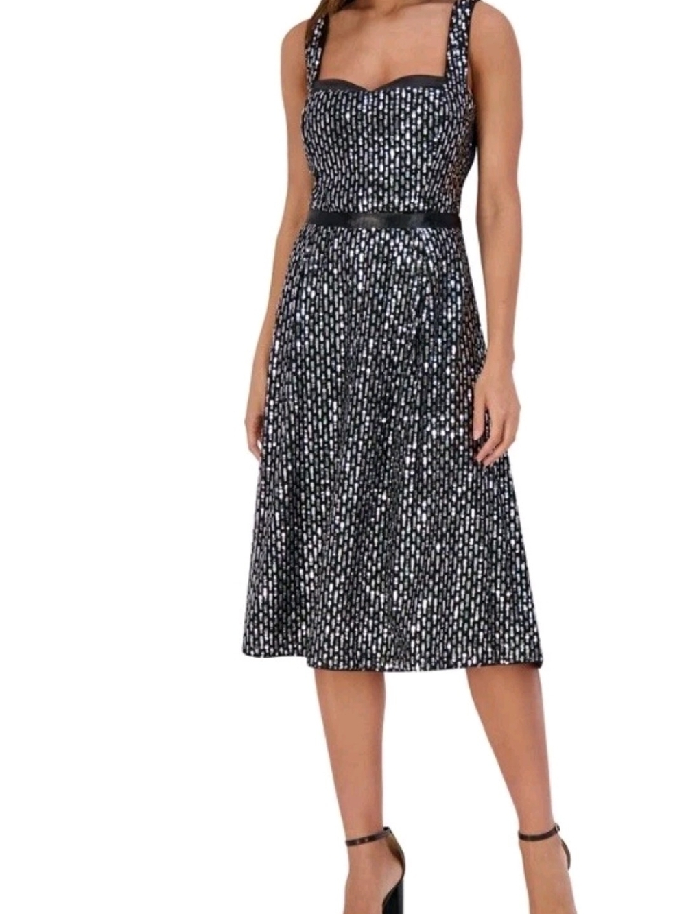 Kensie Black & Silver Dotted Sweetheart Midi Dress